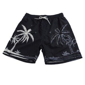 Shein Black Tropical Swim Trunks Palm Tree Print Men Size M Mesh Liner Pockets
